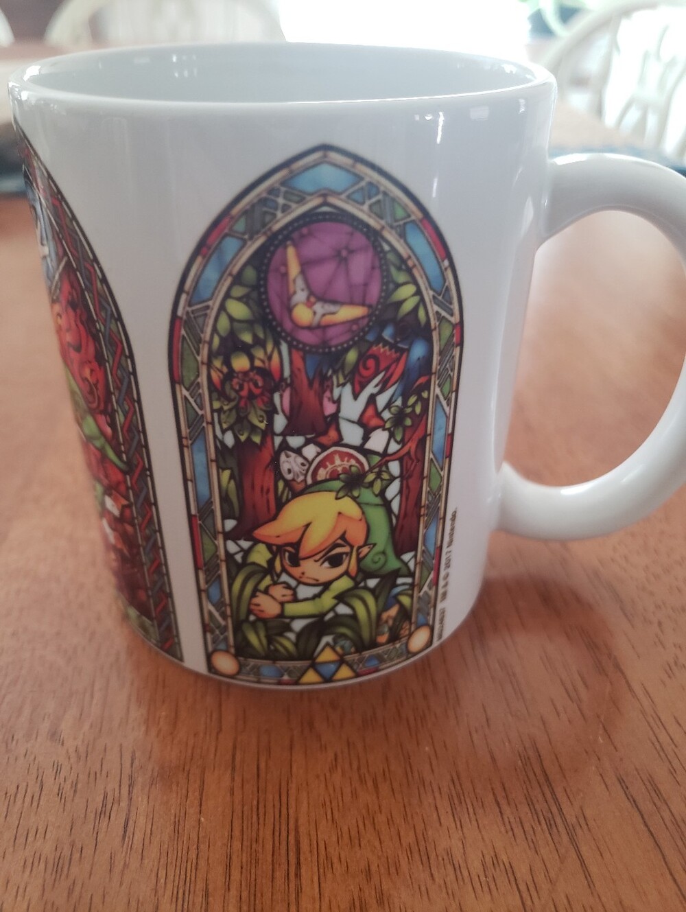 Zelda Nintendo White Mug with Green, Yellow Blue Stained Glass Link Art